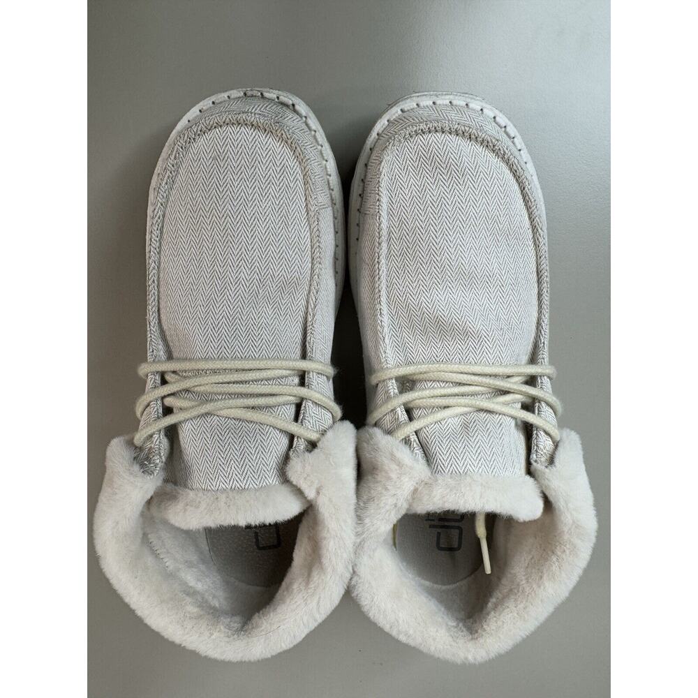 Hey Dude Women's Britt Shoes 9 Herringbone Cream Faux Fur Trim Comfort Cozy - Picture 2 of 13